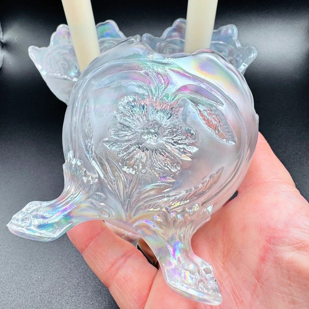 Imperial Iridescent White Carnival Glass Vtg. Floral Candle Console Set 3 Footed